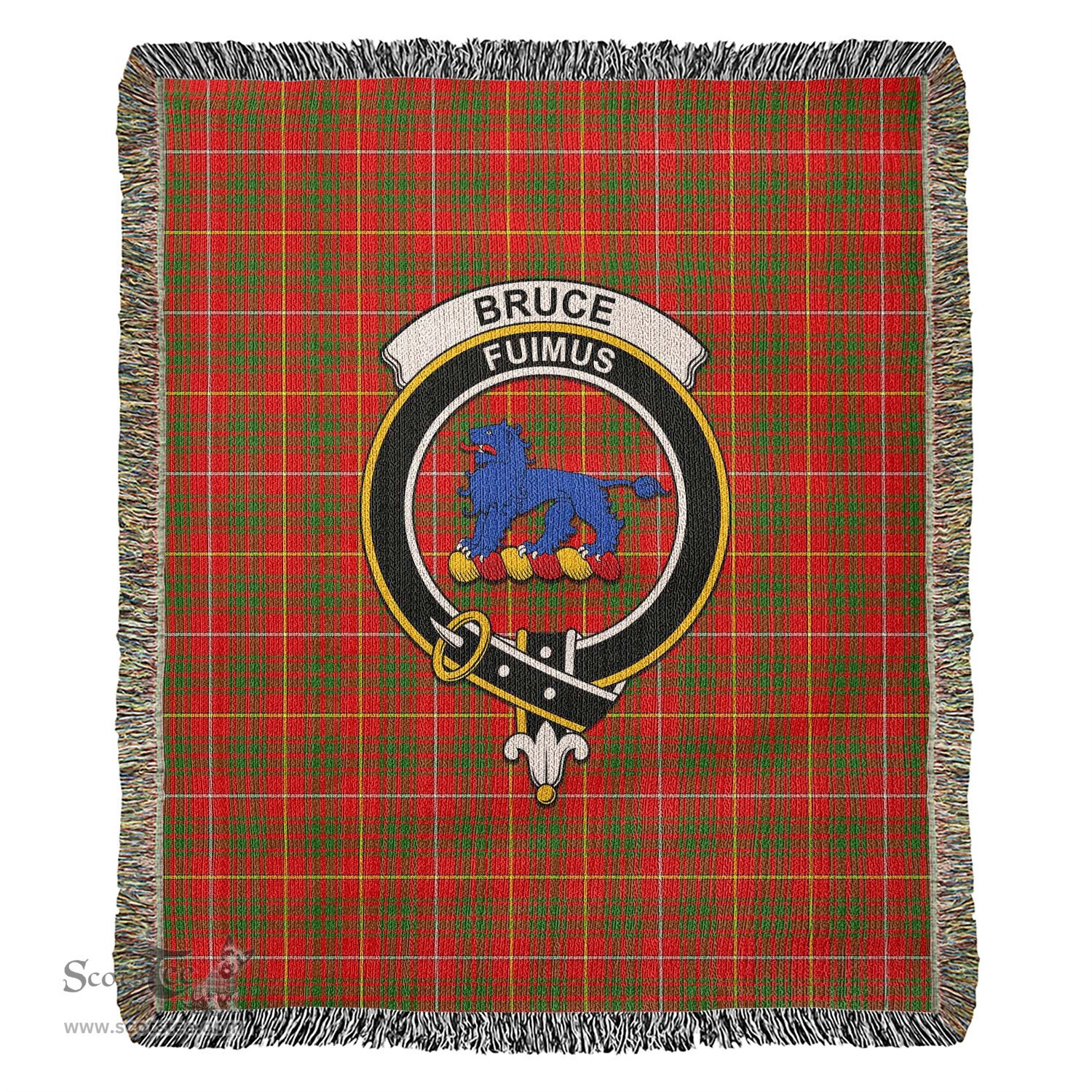 Bruce Modern Tartan Woven Blanket with Family Crest ScotsTee Shop - scotstee.com - Tartan Blankets