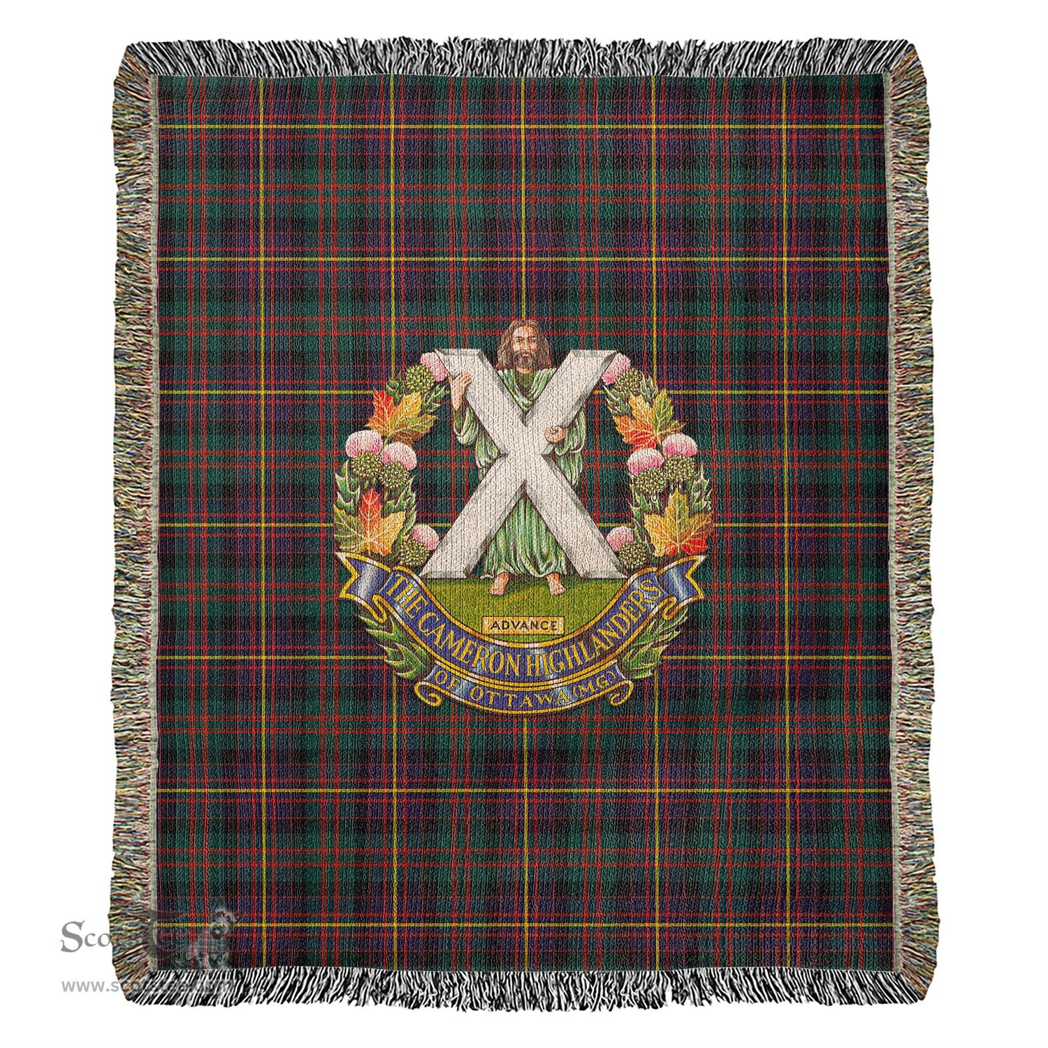 Cameron Highlanders of Ottawa Tartan Woven Blanket with Family Crest ScotsTee Shop - scotstee.com - Tartan Blankets