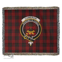 Cameron Black and Red Tartan Woven Blanket with Family Crest ScotsTee Shop - scotstee.com - Tartan Blankets