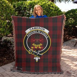 Cameron Black and Red Tartan Woven Blanket with Family Crest ScotsTee Shop - scotstee.com - Tartan Blankets