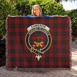Cameron Black and Red Tartan Woven Blanket with Family Crest ScotsTee Shop - scotstee.com - Tartan Blankets