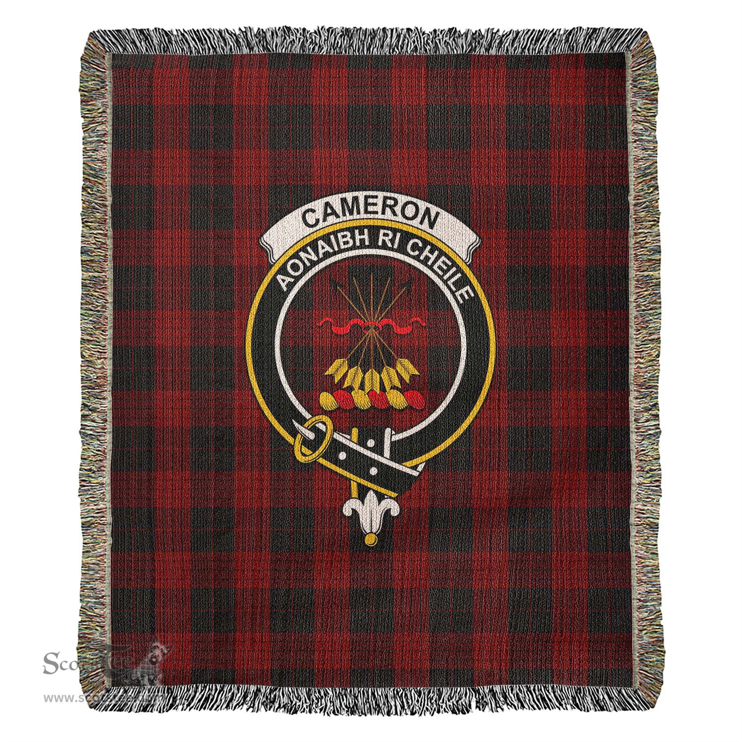 Cameron Black and Red Tartan Woven Blanket with Family Crest ScotsTee Shop - scotstee.com - Tartan Blankets