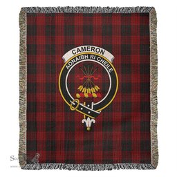 Cameron Black and Red Tartan Woven Blanket with Family Crest ScotsTee Shop - scotstee.com - Tartan Blankets