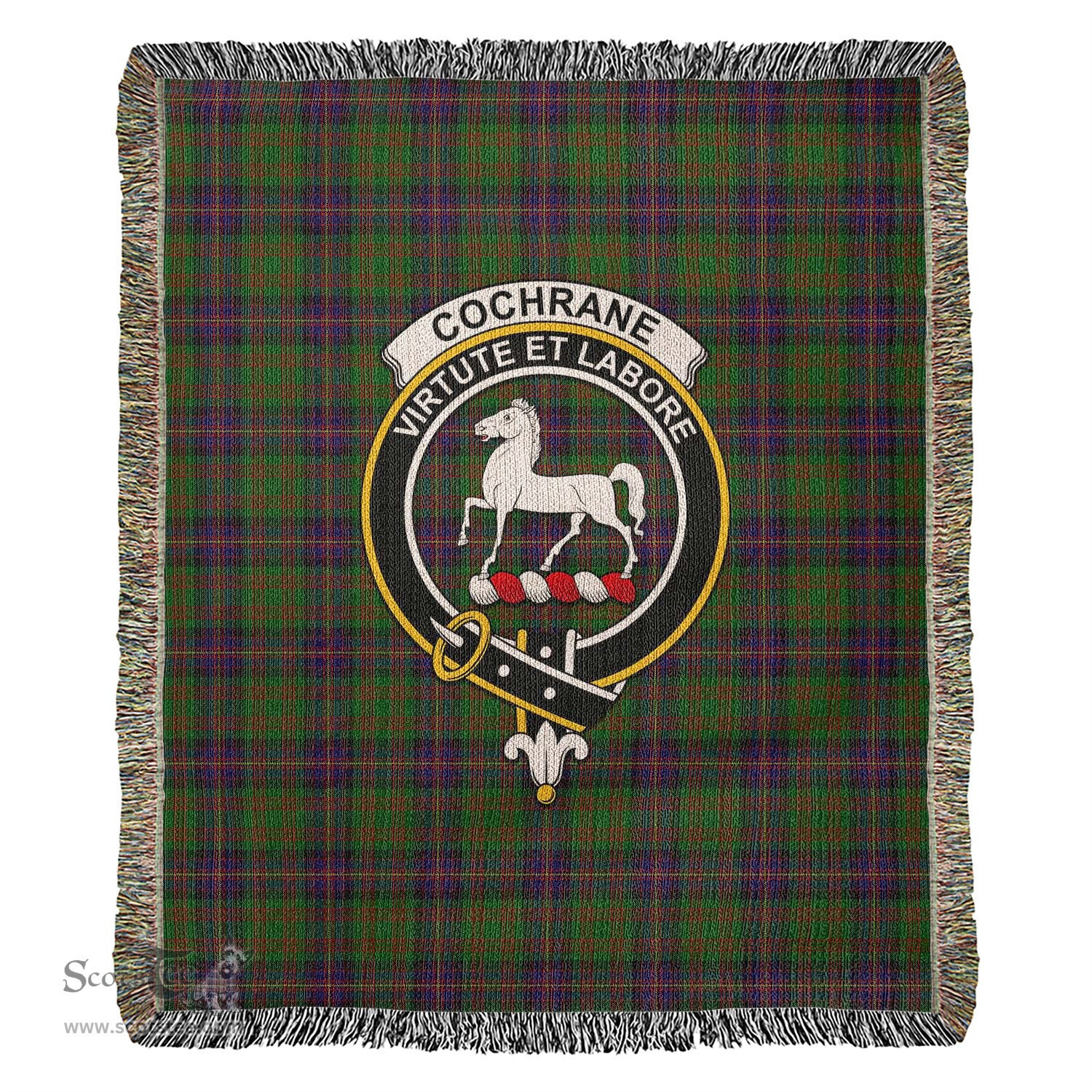 Cochrane Tartan Woven Blanket with Family Crest ScotsTee Shop - scotstee.com - Tartan Blankets