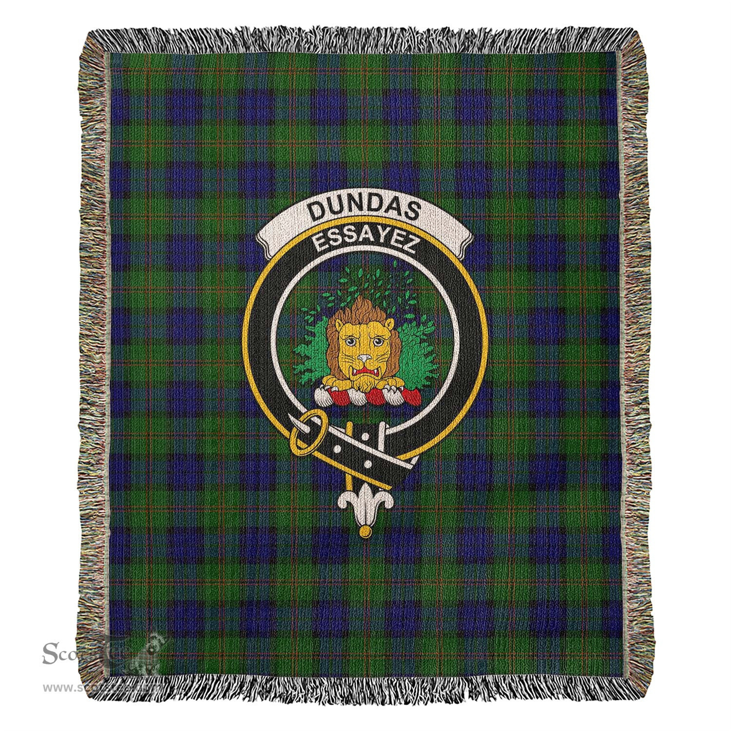 Dundas Modern Tartan Woven Blanket with Family Crest ScotsTee Shop - scotstee.com - Tartan Blankets