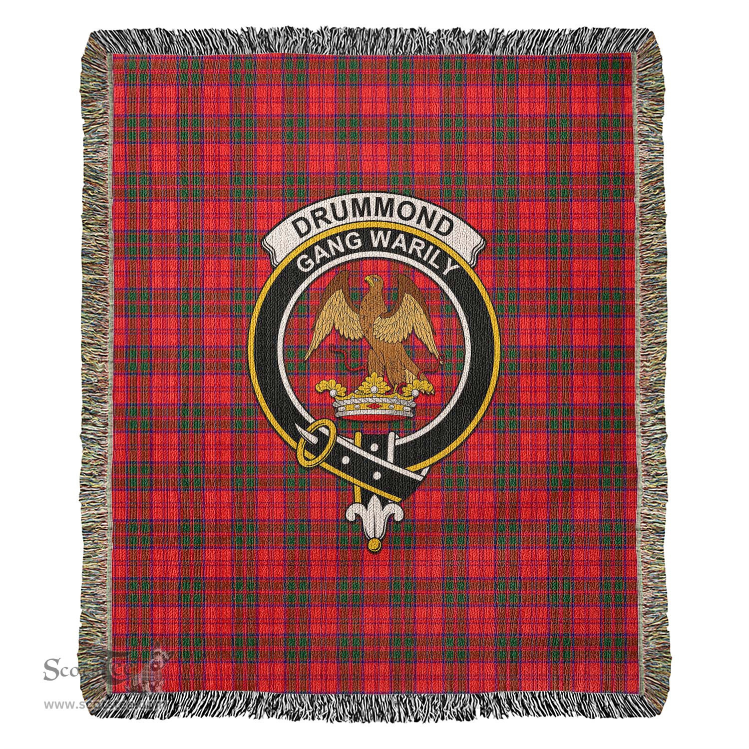 Drummond Modern Tartan Woven Blanket with Family Crest ScotsTee Shop - scotstee.com - Tartan Blankets