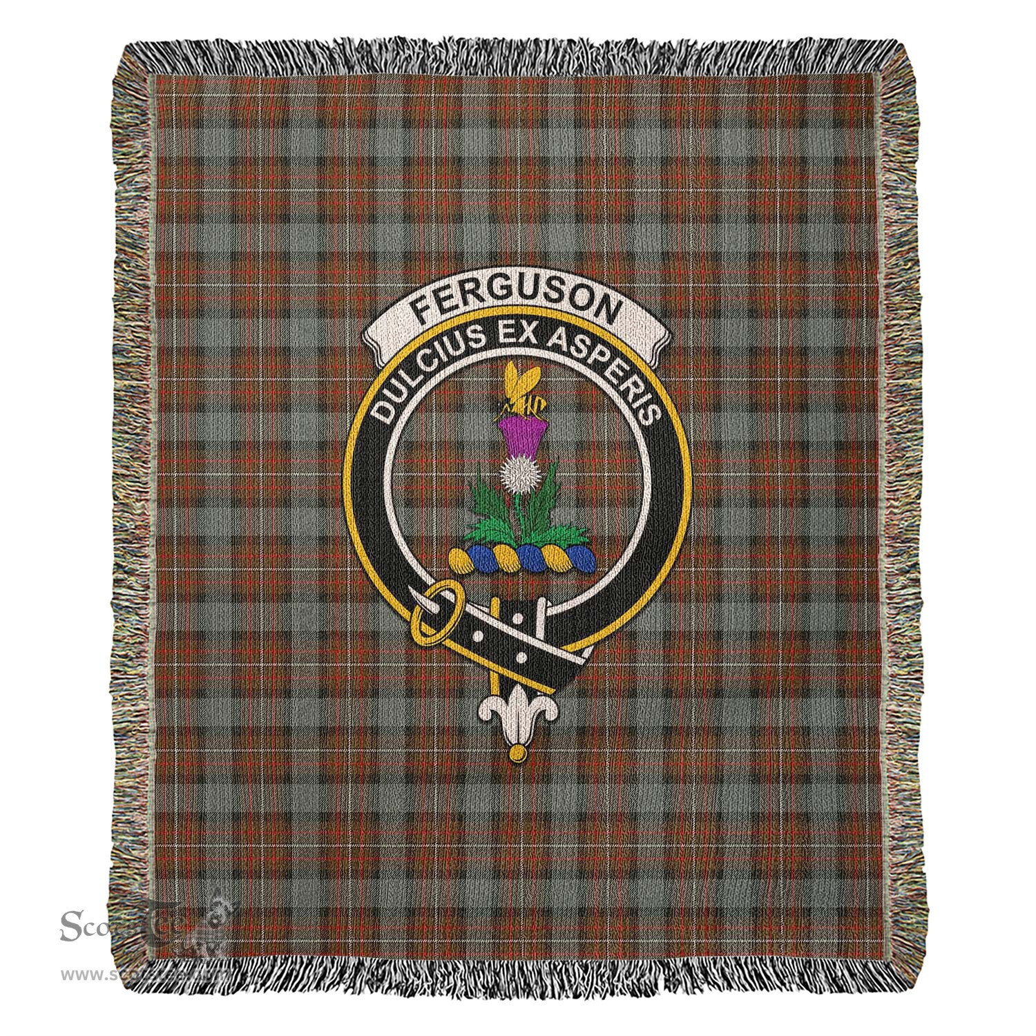 Ferguson Weathered Tartan Woven Blanket with Family Crest ScotsTee Shop - scotstee.com - Tartan Blankets