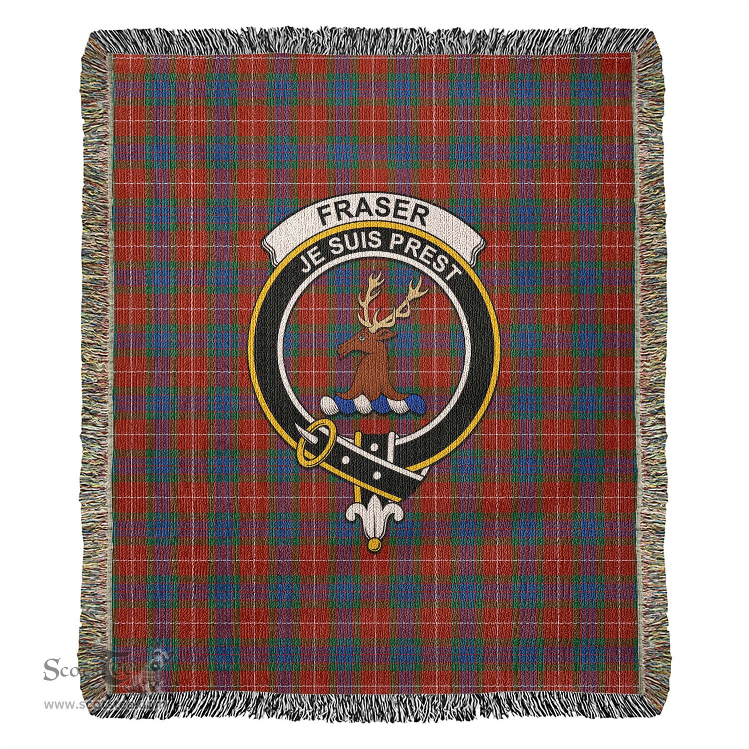 Fraser Ancient Tartan Woven Blanket with Family Crest ScotsTee Shop - scotstee.com - Tartan Blankets
