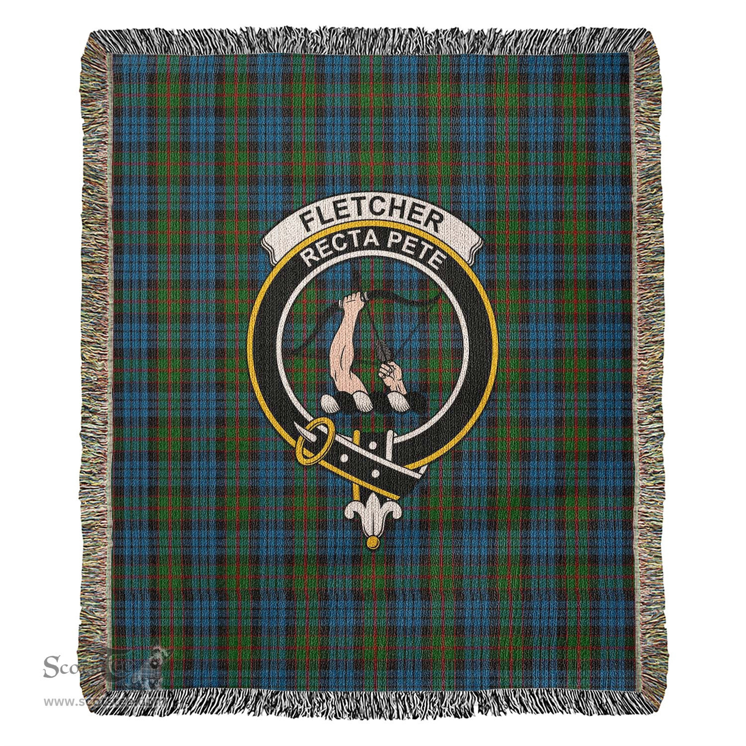 Fletcher of Dunans Tartan Woven Blanket with Family Crest ScotsTee Shop - scotstee.com - Tartan Blankets