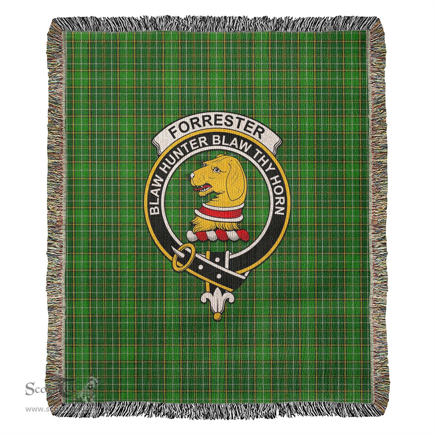 Forrester or Foster Hunting Tartan Woven Blanket with Family Crest ScotsTee Shop - scotstee.com - Tartan Blankets