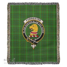 Forrester or Foster Hunting Tartan Woven Blanket with Family Crest ScotsTee Shop - scotstee.com - Tartan Blankets