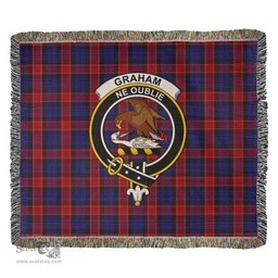 Graham of Menteith Red Tartan Woven Blanket with Family Crest ScotsTee Shop - scotstee.com - Tartan Blankets