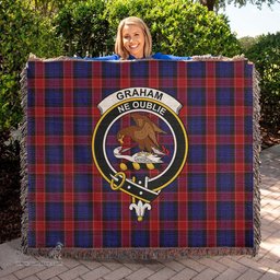Graham of Menteith Red Tartan Woven Blanket with Family Crest ScotsTee Shop - scotstee.com - Tartan Blankets