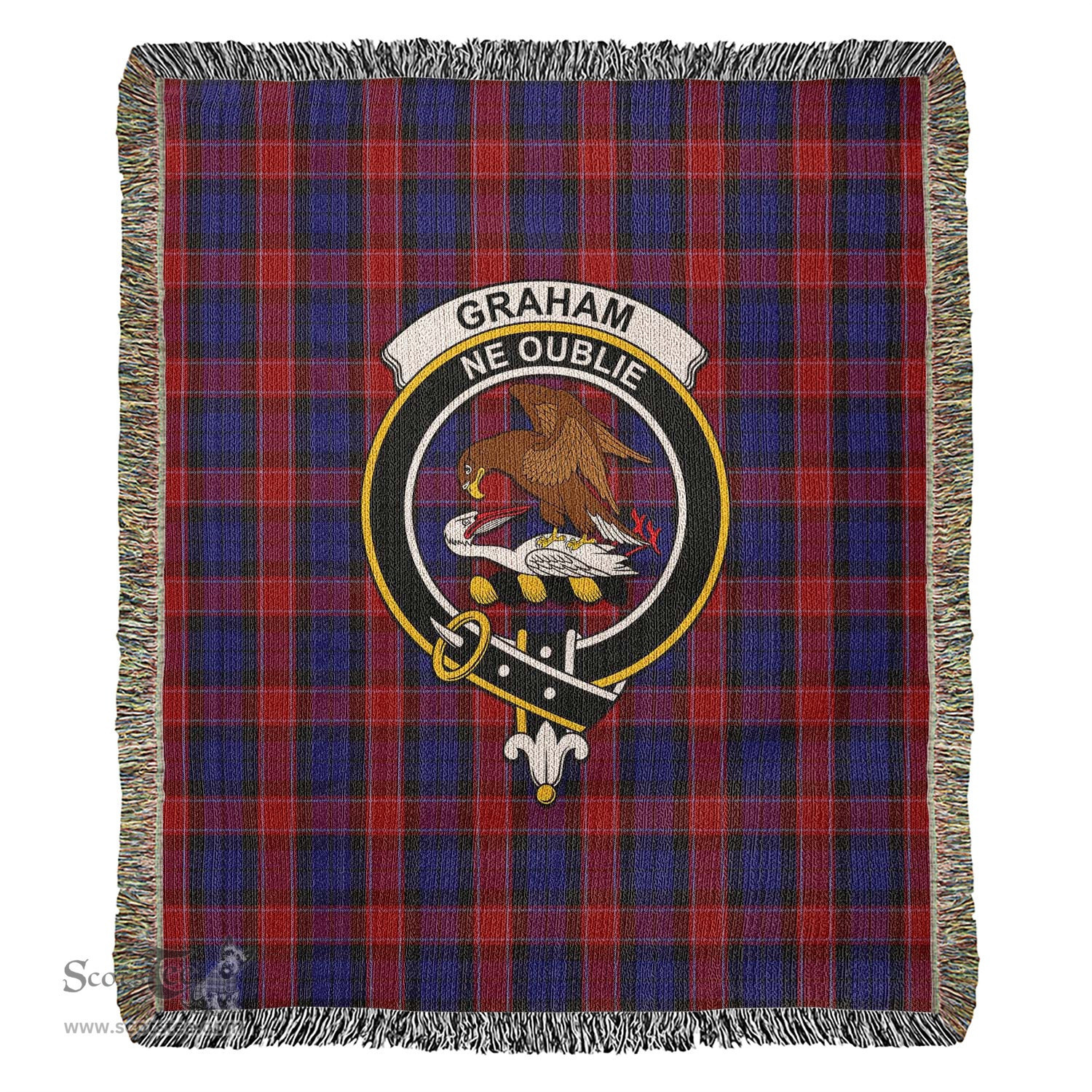 Graham of Menteith Red Tartan Woven Blanket with Family Crest ScotsTee Shop - scotstee.com - Tartan Blankets