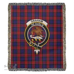 Graham of Menteith Red Tartan Woven Blanket with Family Crest ScotsTee Shop - scotstee.com - Tartan Blankets
