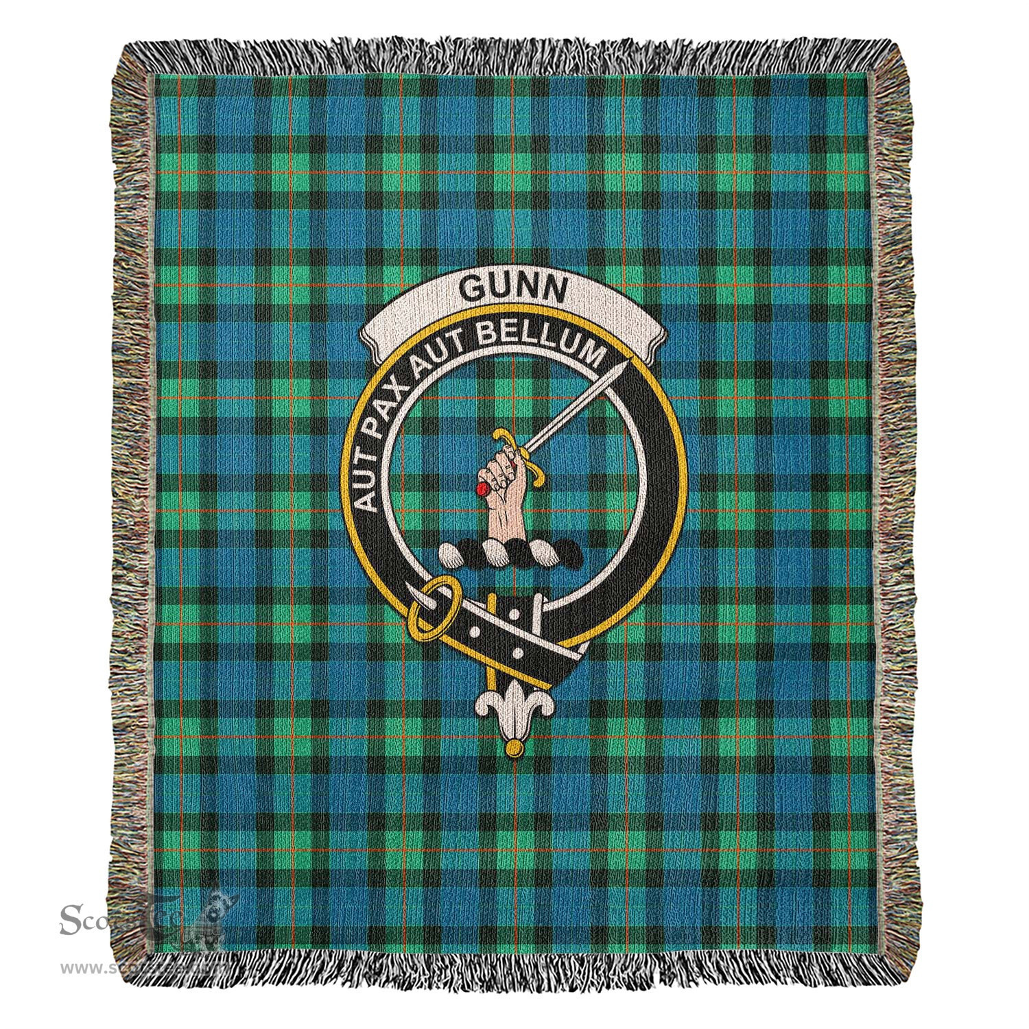 Gunn Ancient Tartan Woven Blanket with Family Crest ScotsTee Shop - scotstee.com - Tartan Blankets