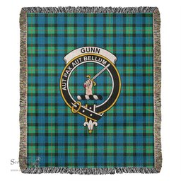 Gunn Ancient Tartan Woven Blanket with Family Crest ScotsTee Shop - scotstee.com - Tartan Blankets
