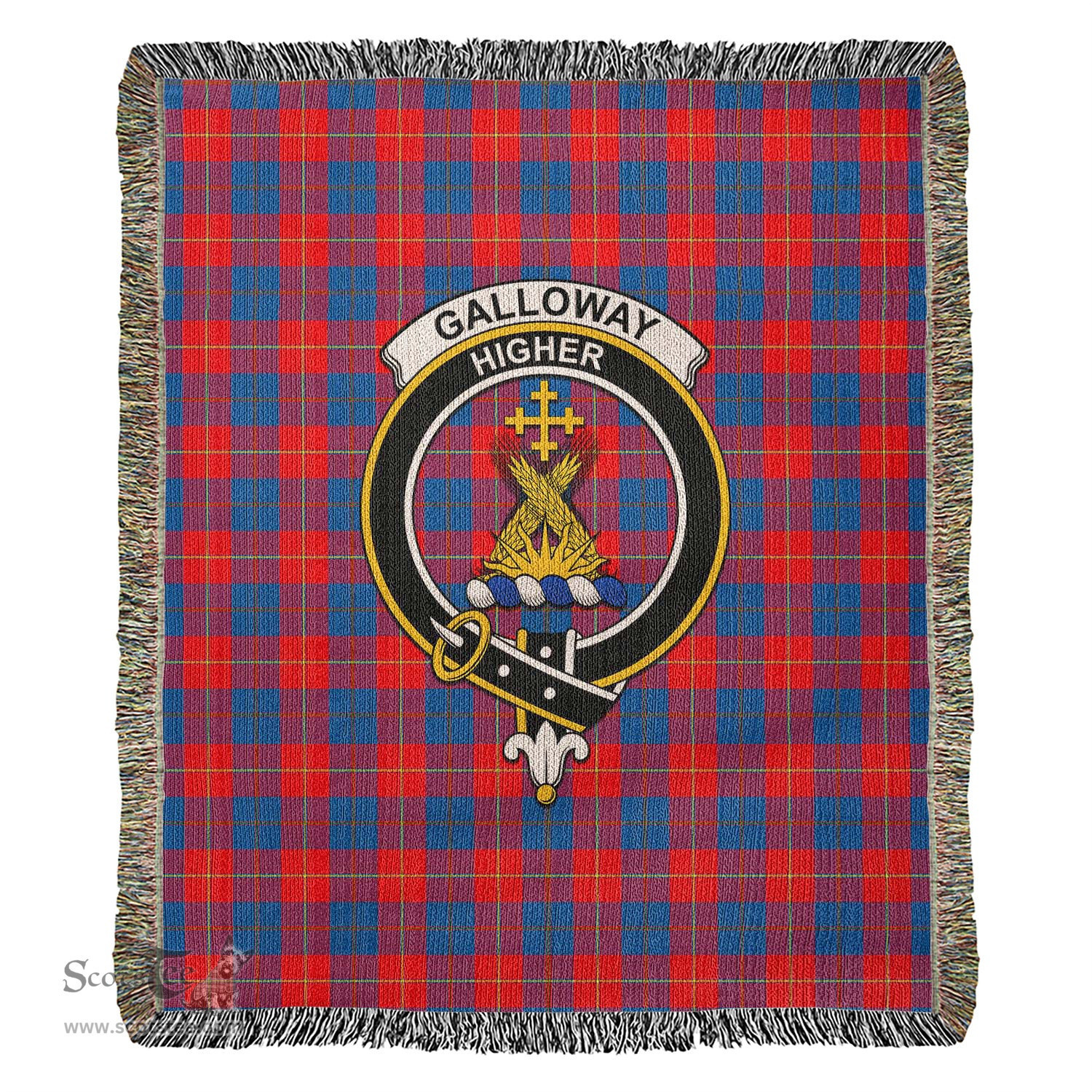 Galloway Red Tartan Woven Blanket with Family Crest ScotsTee Shop - scotstee.com - Tartan Blankets