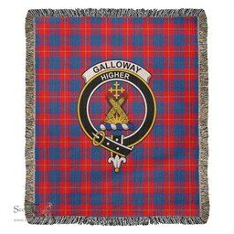 Galloway Red Tartan Woven Blanket with Family Crest ScotsTee Shop - scotstee.com - Tartan Blankets