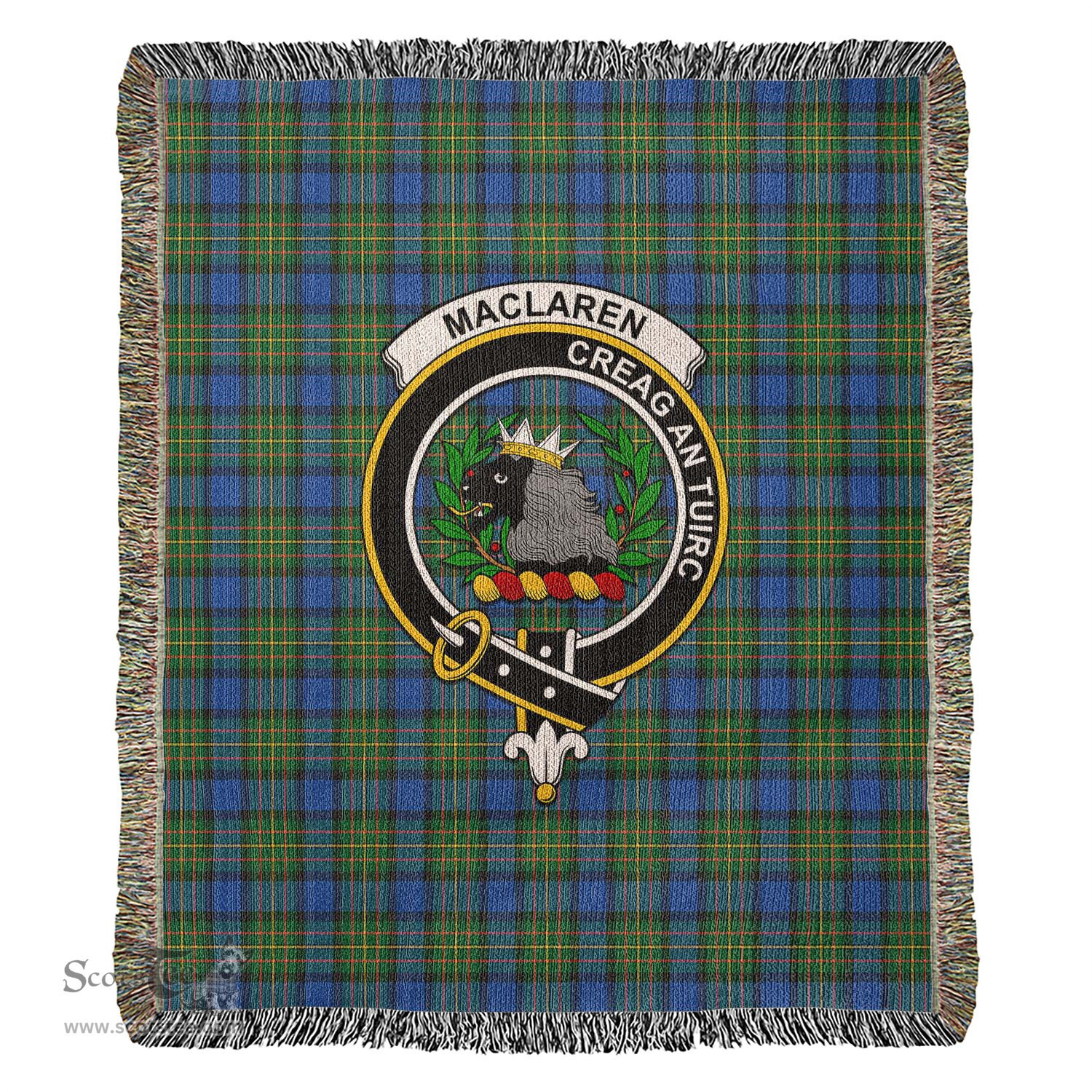 MacLaren Ancient Tartan Woven Blanket with Family Crest ScotsTee Shop - scotstee.com - Tartan Blankets