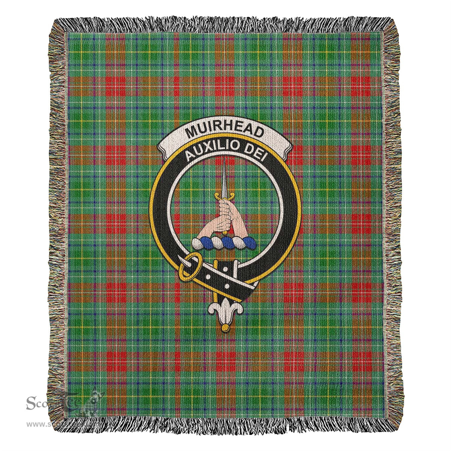 Muirhead Tartan Woven Blanket with Family Crest ScotsTee Shop - scotstee.com - Tartan Blankets