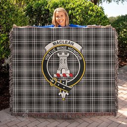 MacLean Black and White Tartan Woven Blanket with Family Crest ScotsTee Shop - scotstee.com - Tartan Blankets