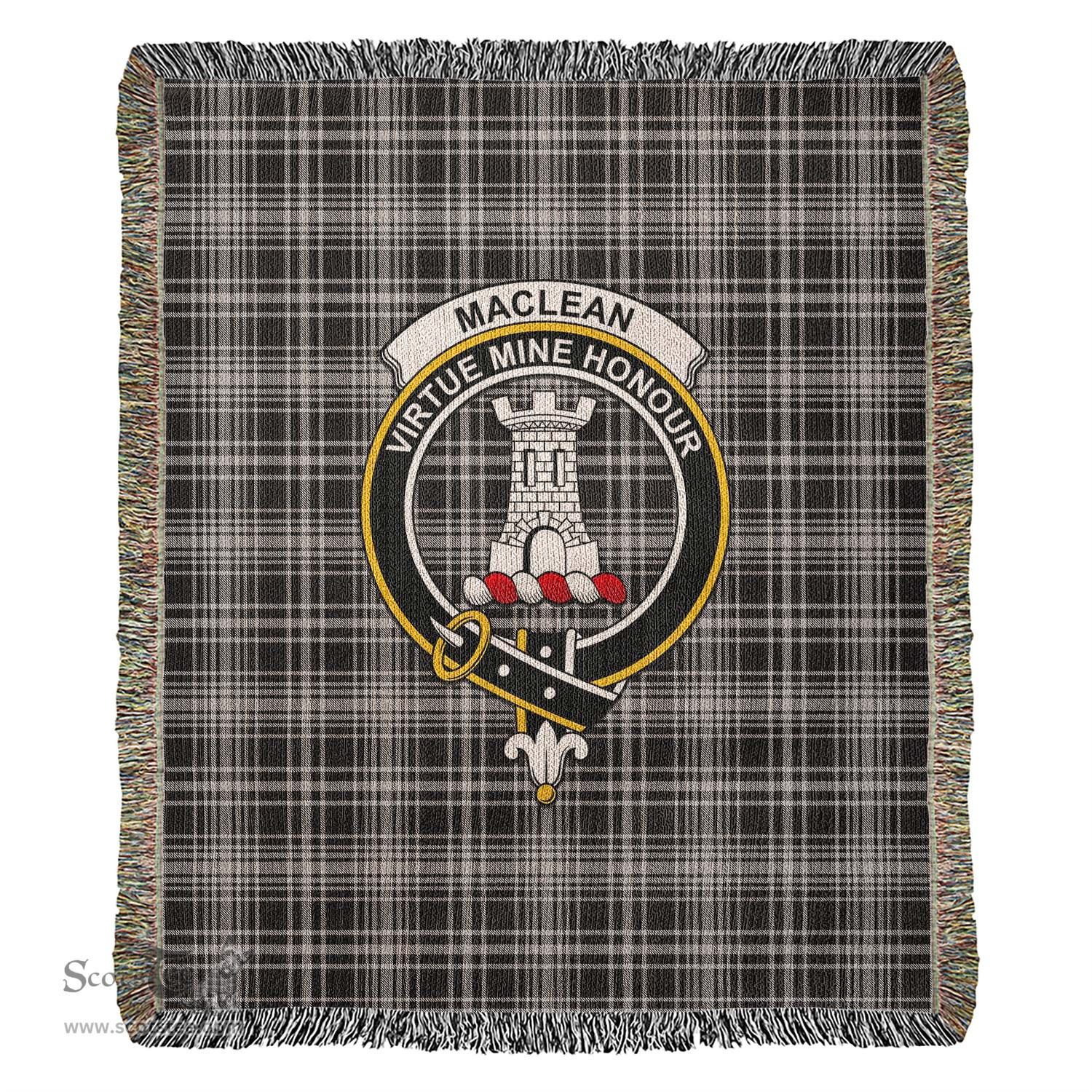 MacLean Black and White Tartan Woven Blanket with Family Crest ScotsTee Shop - scotstee.com - Tartan Blankets
