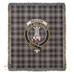MacLean Black and White Tartan Woven Blanket with Family Crest ScotsTee Shop - scotstee.com - Tartan Blankets