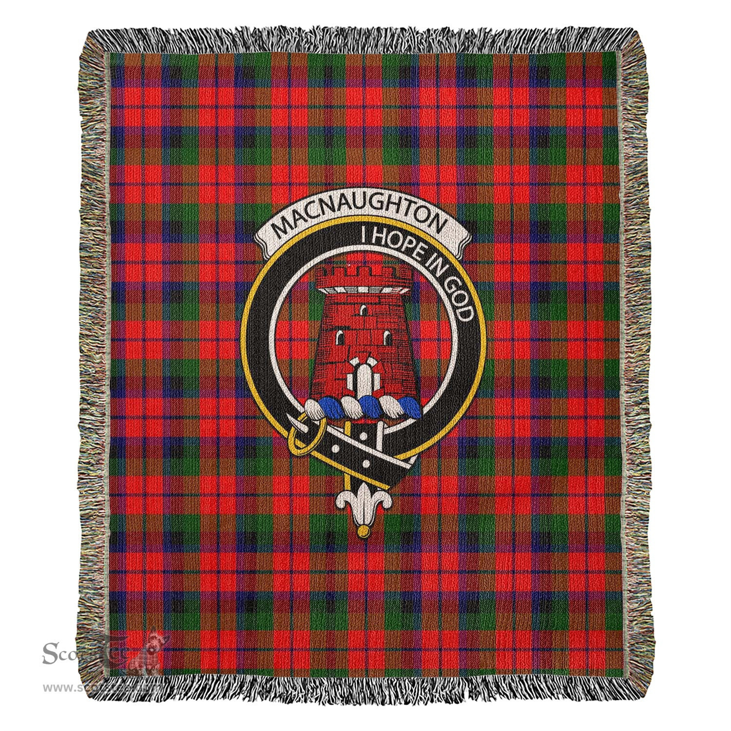 MacNaughton Modern Tartan Woven Blanket with Family Crest ScotsTee Shop - scotstee.com - Tartan Blankets