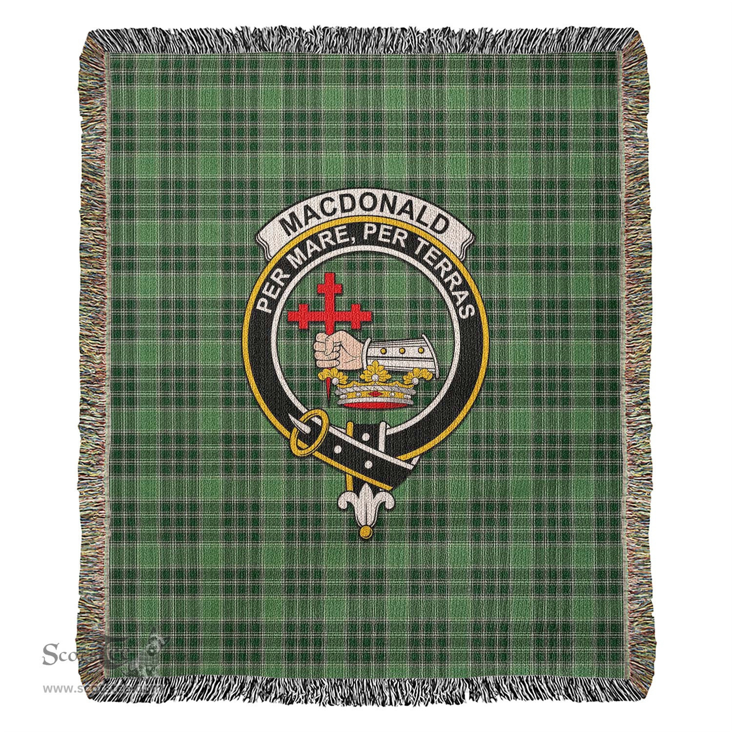 MacDonald Lord of the Isles Hunting Tartan Woven Blanket with Family Crest ScotsTee Shop - scotstee.com - Tartan Blankets
