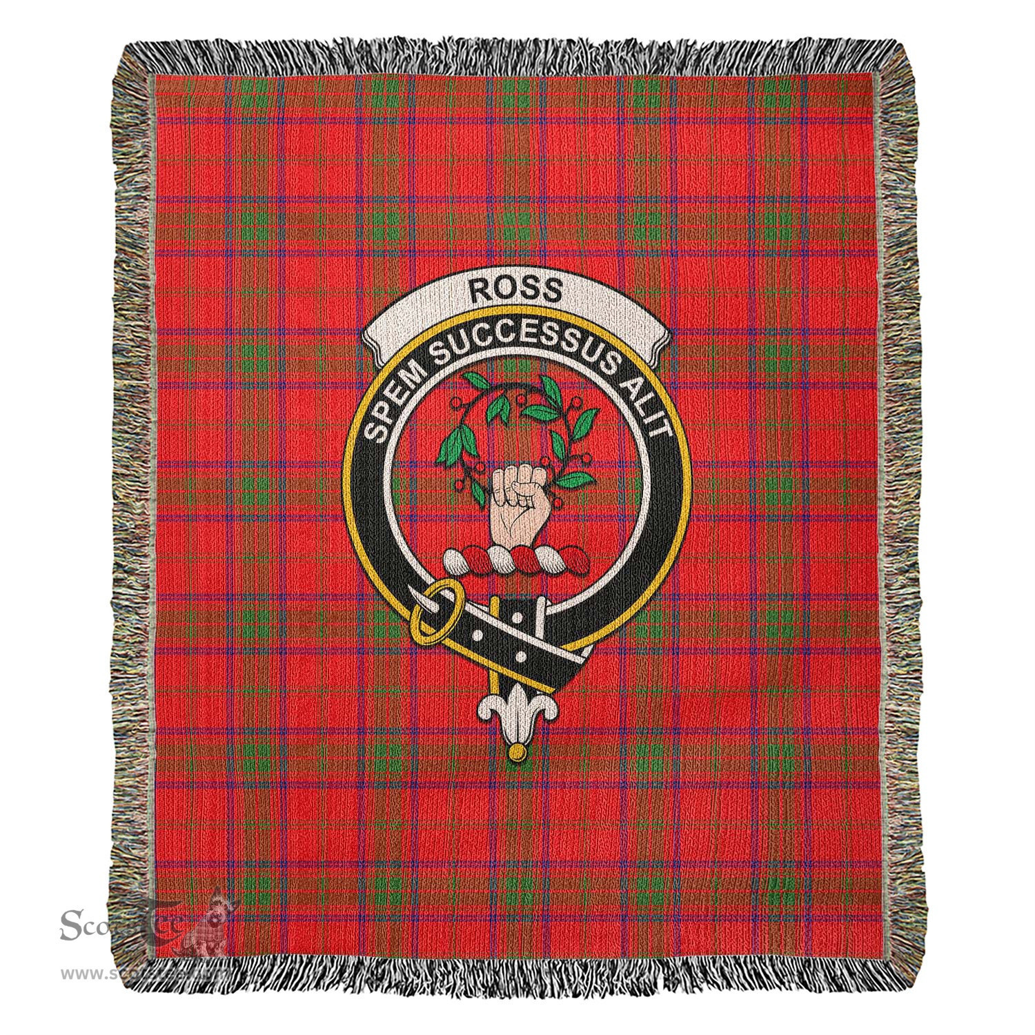Ross Modern Tartan Woven Blanket with Family Crest ScotsTee Shop - scotstee.com - Tartan Blankets