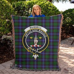 Russell Modern Tartan Woven Blanket with Family Crest ScotsTee Shop - scotstee.com - Tartan Blankets