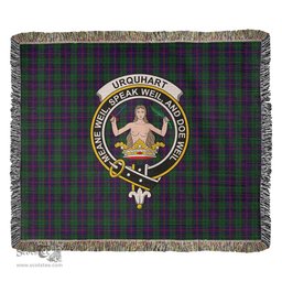 Urquhart Tartan Woven Blanket with Family Crest ScotsTee Shop - scotstee.com - Tartan Blankets