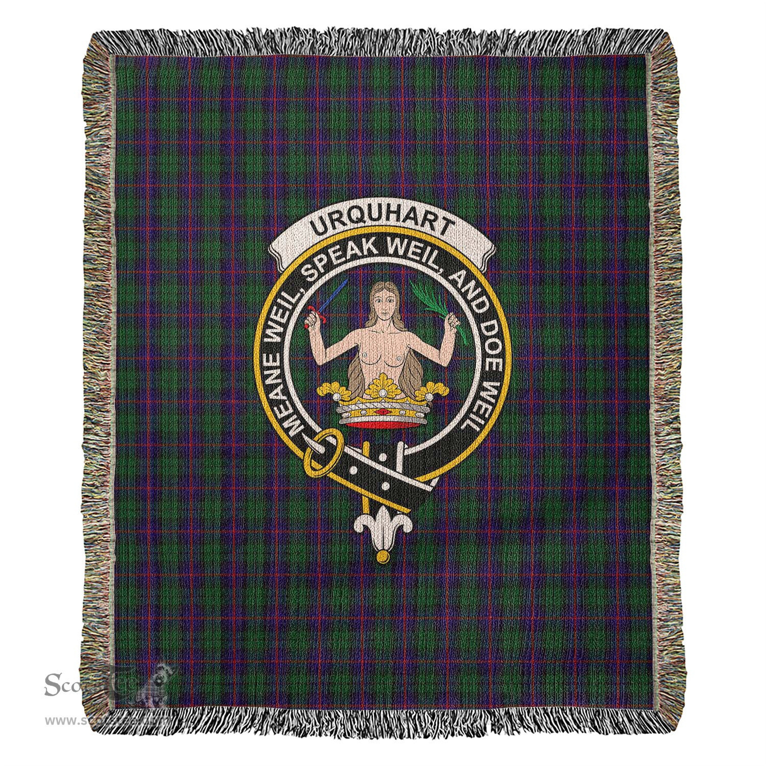 Urquhart Tartan Woven Blanket with Family Crest ScotsTee Shop - scotstee.com - Tartan Blankets