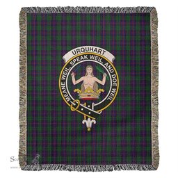 Urquhart Tartan Woven Blanket with Family Crest ScotsTee Shop - scotstee.com - Tartan Blankets