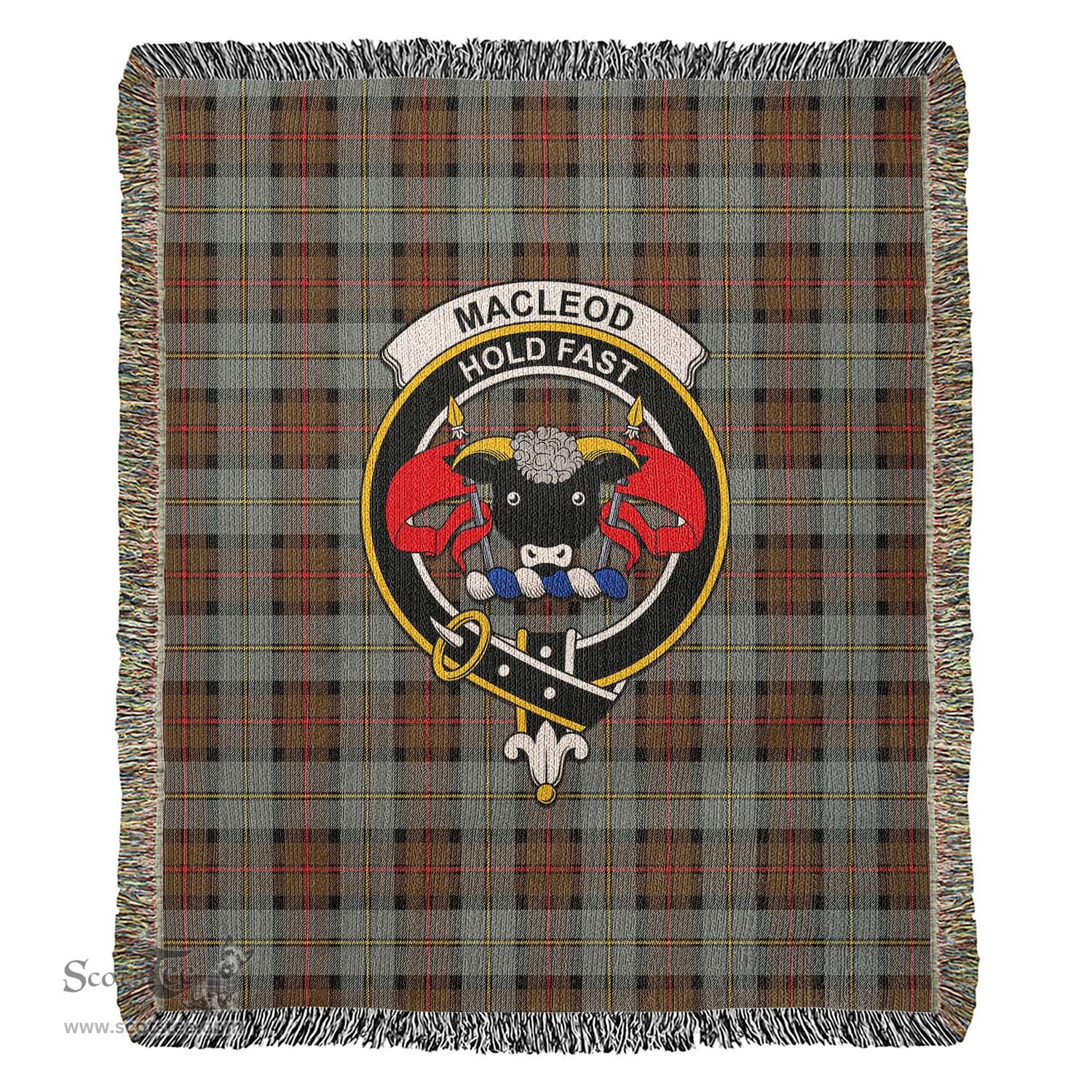 MacLeod of Harris Weathered Tartan Woven Blanket with Family Crest ScotsTee Shop - scotstee.com - Tartan Blankets