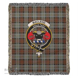 MacLeod of Harris Weathered Tartan Woven Blanket with Family Crest ScotsTee Shop - scotstee.com - Tartan Blankets