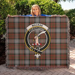 MacRae Hunting Weathered Tartan Woven Blanket with Family Crest ScotsTee Shop - scotstee.com - Tartan Blankets