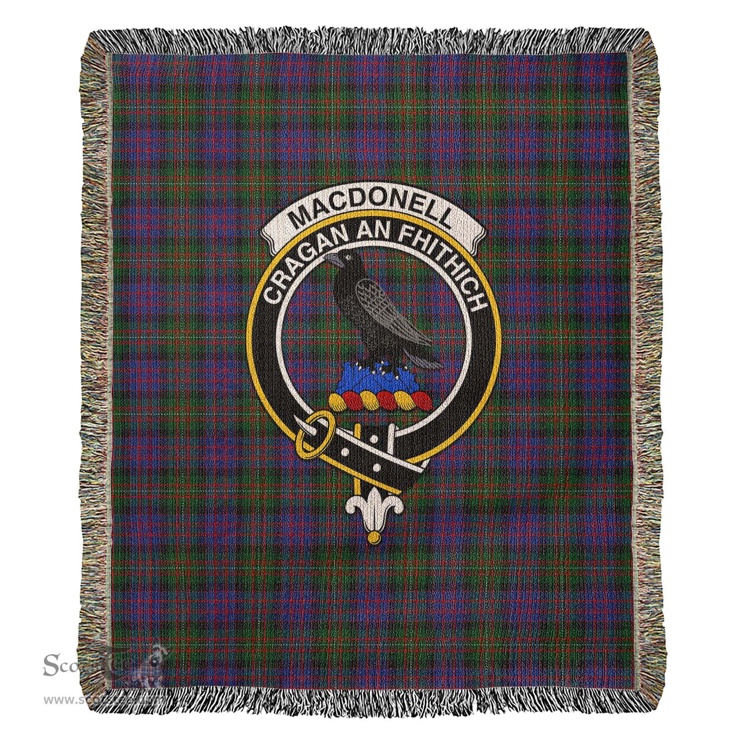 MacDonell of Glengarry Tartan Woven Blanket with Family Crest ScotsTee Shop - scotstee.com - Tartan Blankets