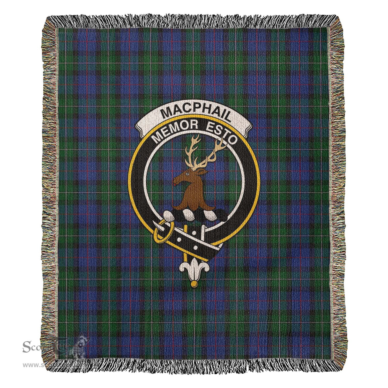 MacPhail Hunting Tartan Woven Blanket with Family Crest ScotsTee Shop - scotstee.com - Tartan Blankets