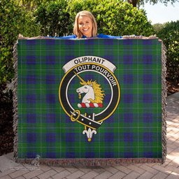 Oliphant Tartan Woven Blanket with Family Crest ScotsTee Shop - scotstee.com - Tartan Blankets