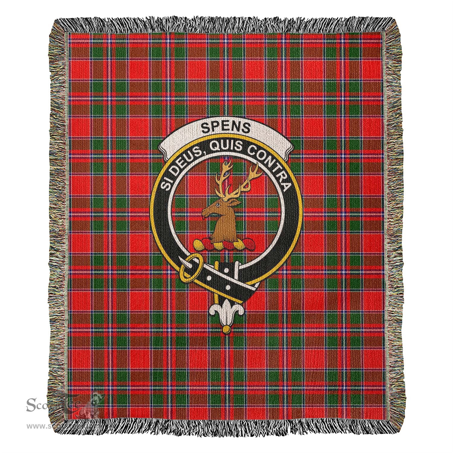 Spens Modern Tartan Woven Blanket with Family Crest ScotsTee Shop - scotstee.com - Tartan Blankets