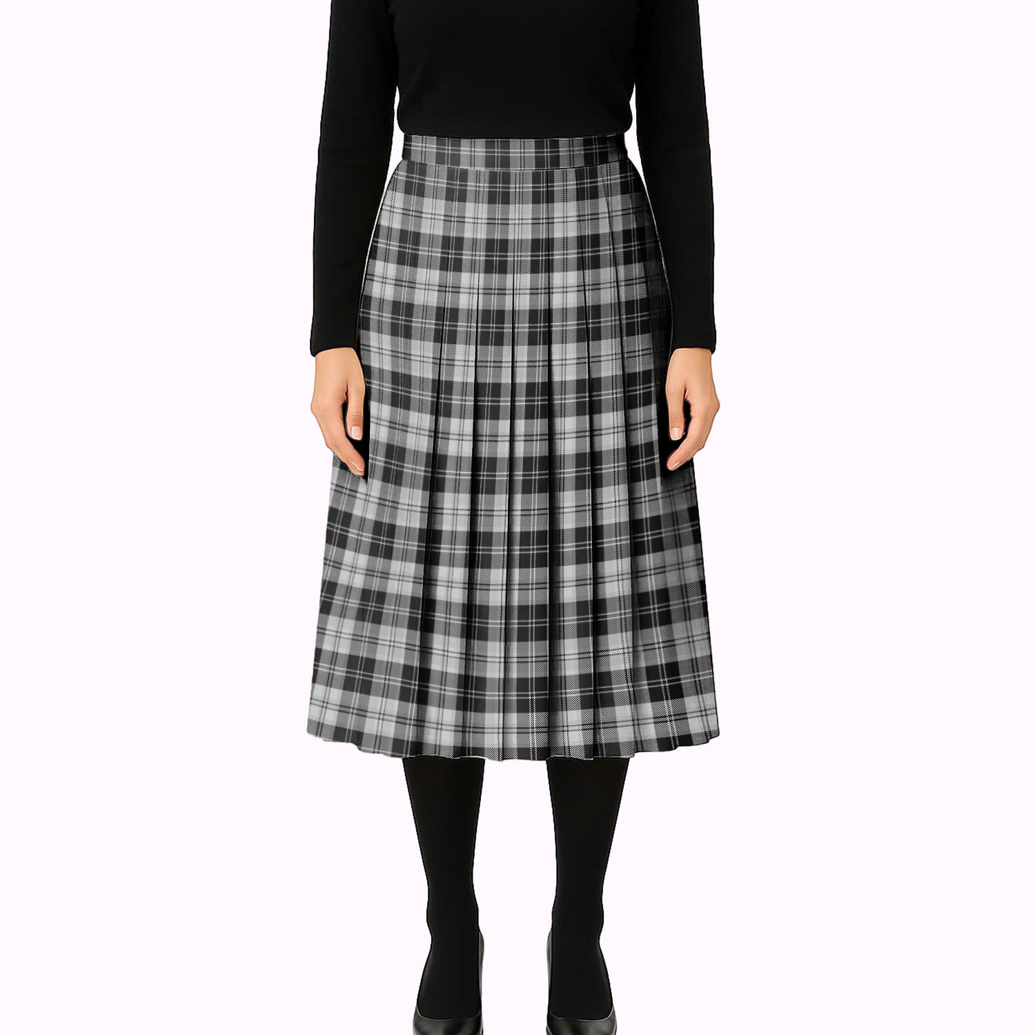 ScotsTee Shop Scottish Erskine Black and White Tartan Pleated Midi Skirt
