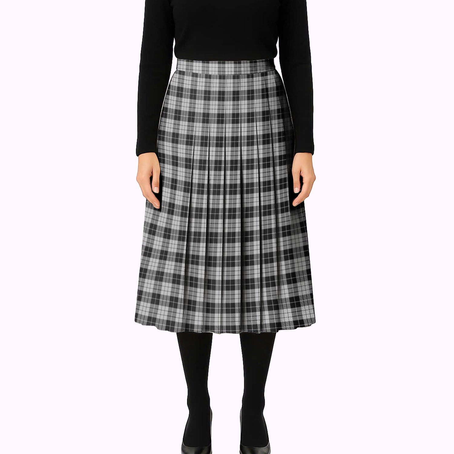 ScotsTee Shop Scottish MacLeod Black and White Tartan Pleated Midi Skirt