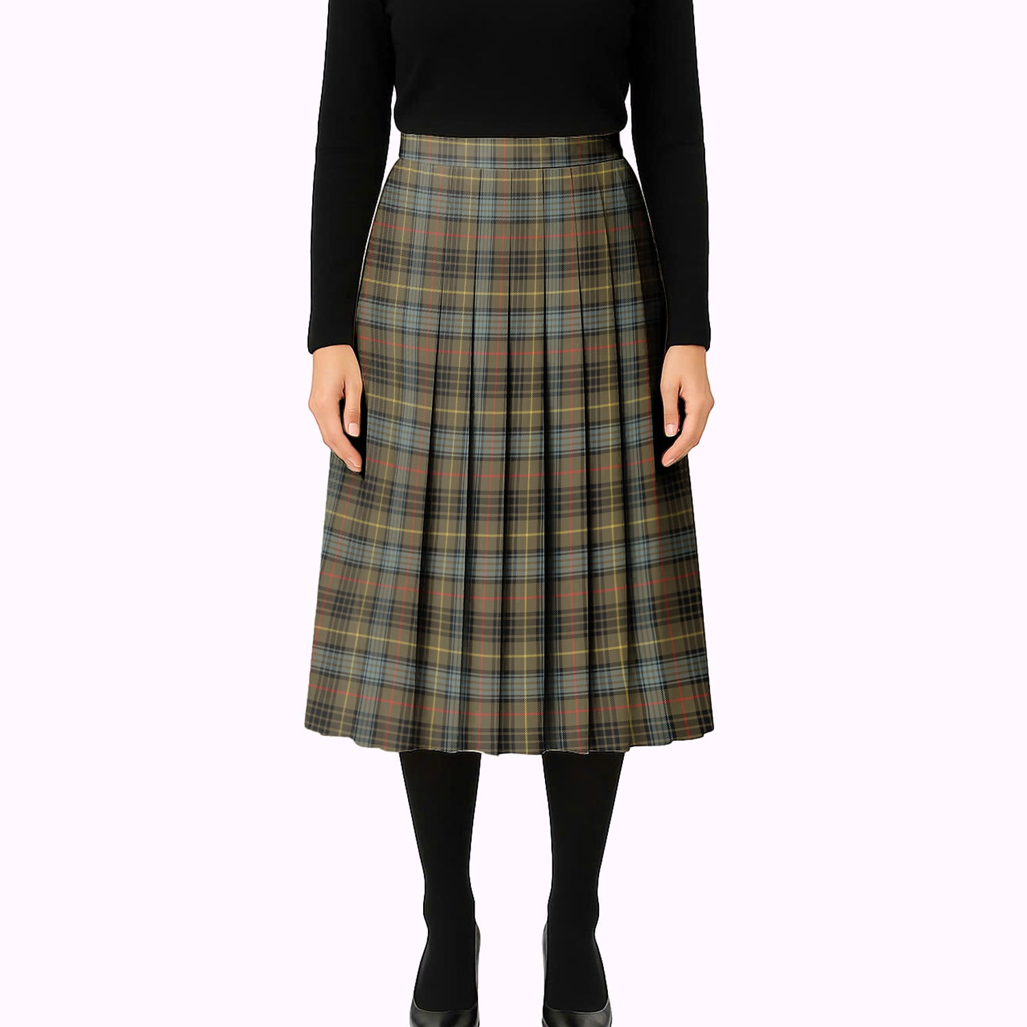 ScotsTee Shop Scottish Stewart Hunting Weathered Tartan Pleated Midi Skirt