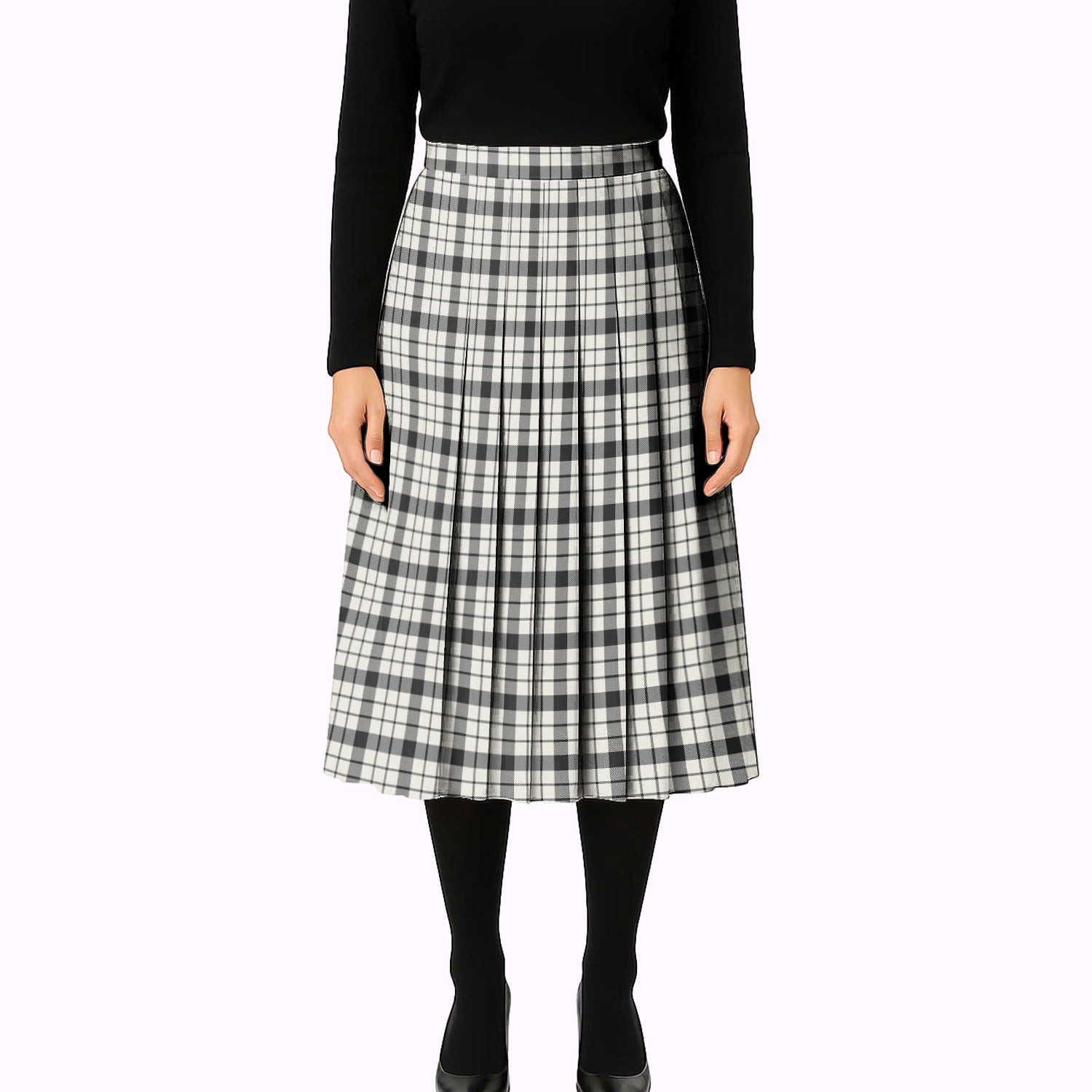 ScotsTee Shop Scottish McFarland Black White Ancient Tartan Pleated Midi Skirt