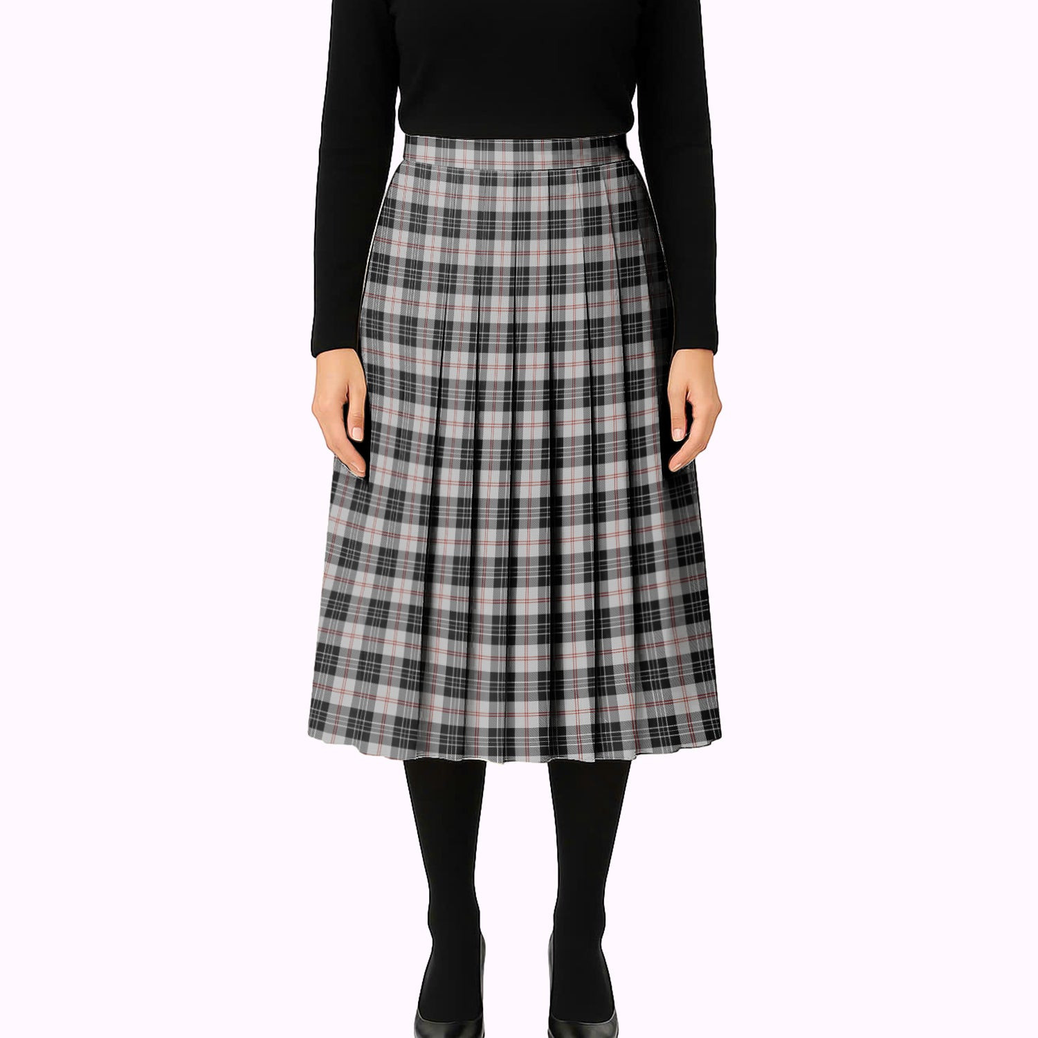 ScotsTee Shop Scottish MacPherson of Cluny Black and White Tartan Pleated Midi Skirt