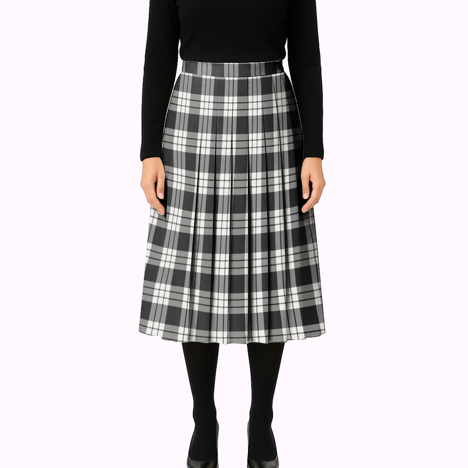ScotsTee Shop Scottish McFarland Black White Tartan Pleated Midi Skirt