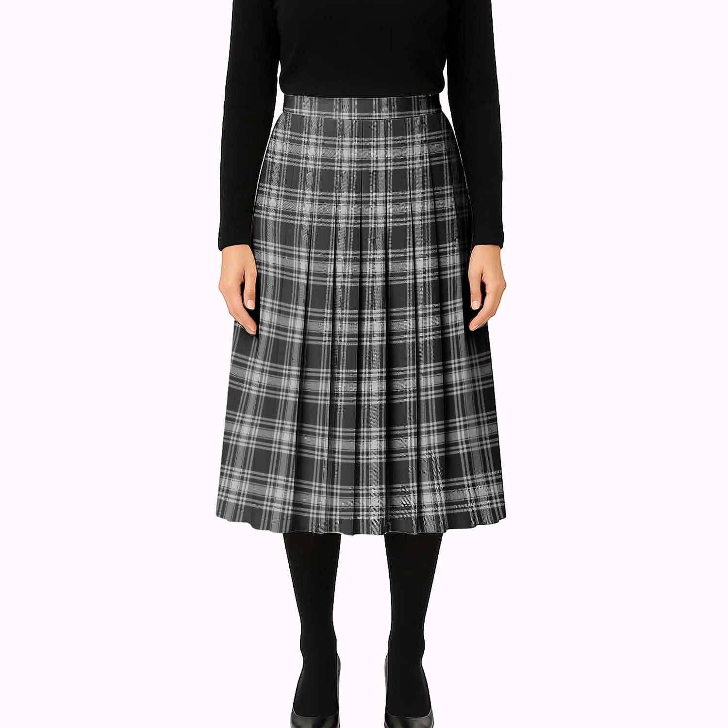 ScotsTee Shop Scottish Menzies Black and White Tartan Pleated Midi Skirt
