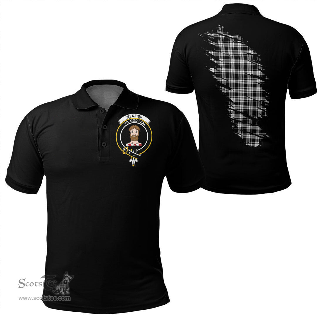 ScotsTee Shop Scottish Menzies Black & White Modern Clan Crest Tartan In Me Scotland In My Bone Soft Cotton Polo Shirts